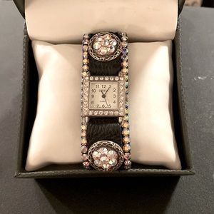 Black Leather/Cowhide w/ Aurora borealis stones watch